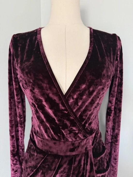 Revamped Velvet Wrap Mini Dress in Deep Burgundy - Picture 6 of 9